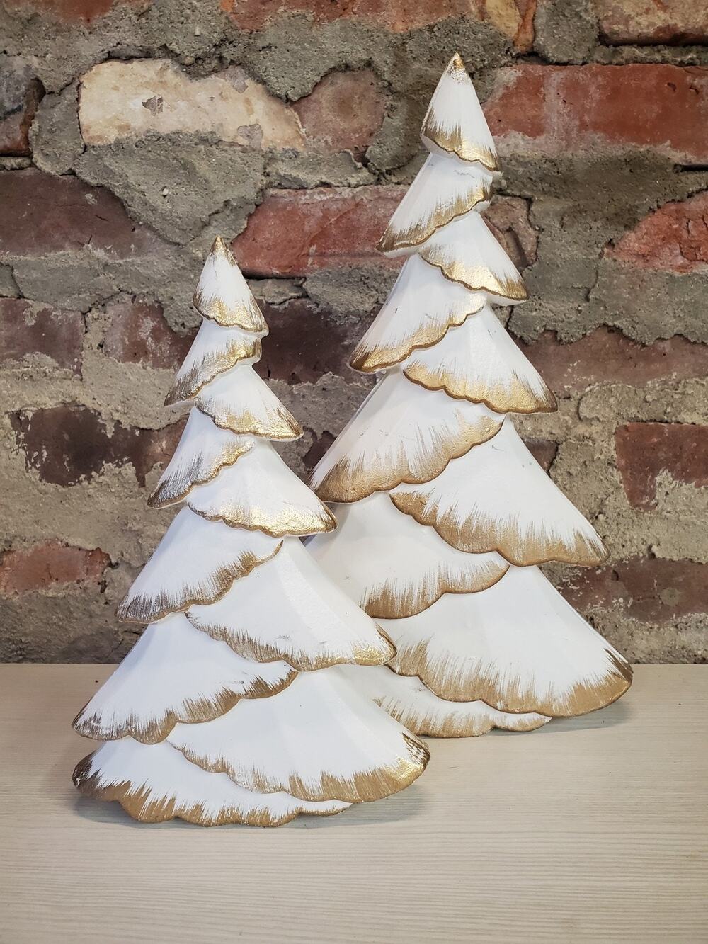 Christmas Trees Set 2 White Gold Wood Tiered Tabletop Holiday Decor Farmhouse